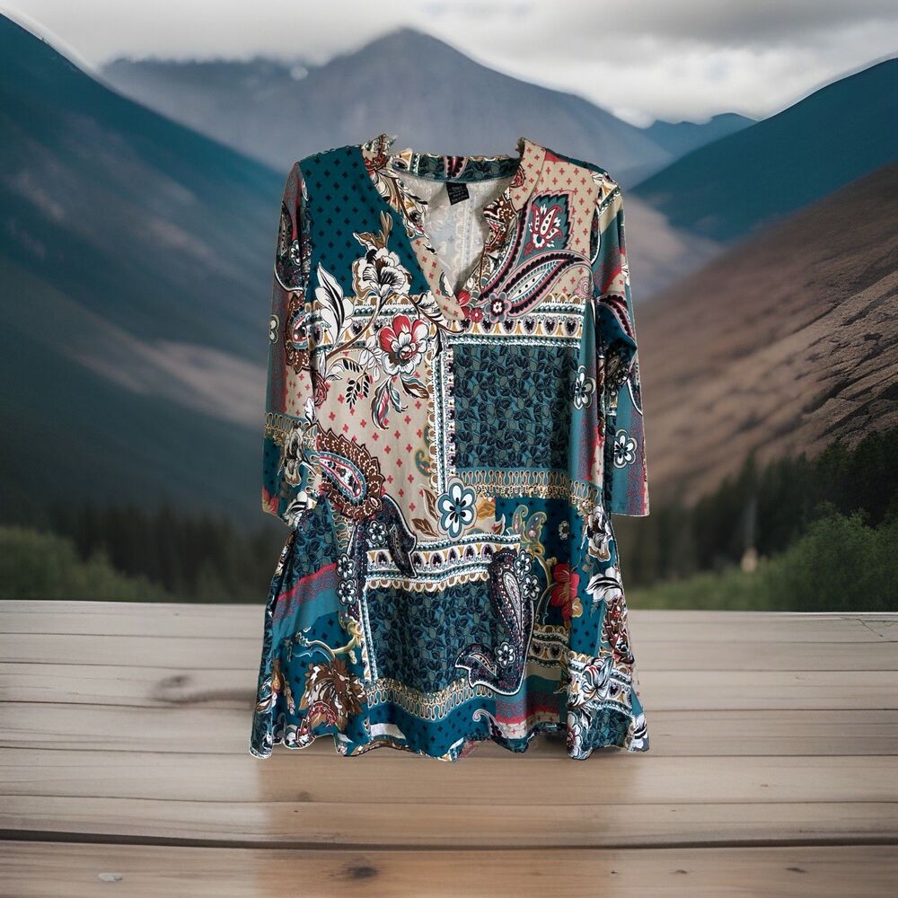Lildy Band Collar Tunic Floral Multi S/M Pockets Stretch Good Condition